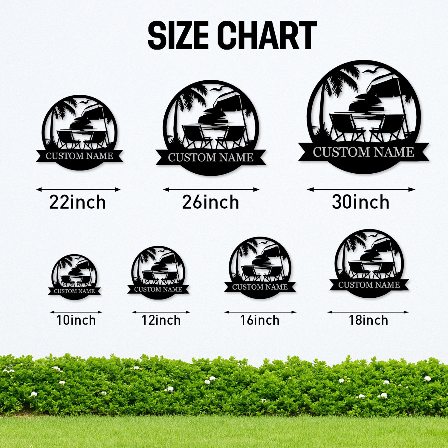 Custom Tropical Beach Metal Sign, Personalized Sunset Patio Wall Art with Palm Trees and Chairs, Coastal Decor for Porch or Vacation Home