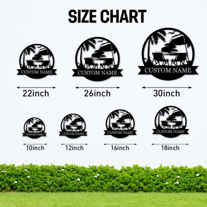 Custom Tropical Beach Metal Sign, Personalized Sunset Patio Wall Art with Palm Trees and Chairs, Coastal Decor for Porch or Vacation Home