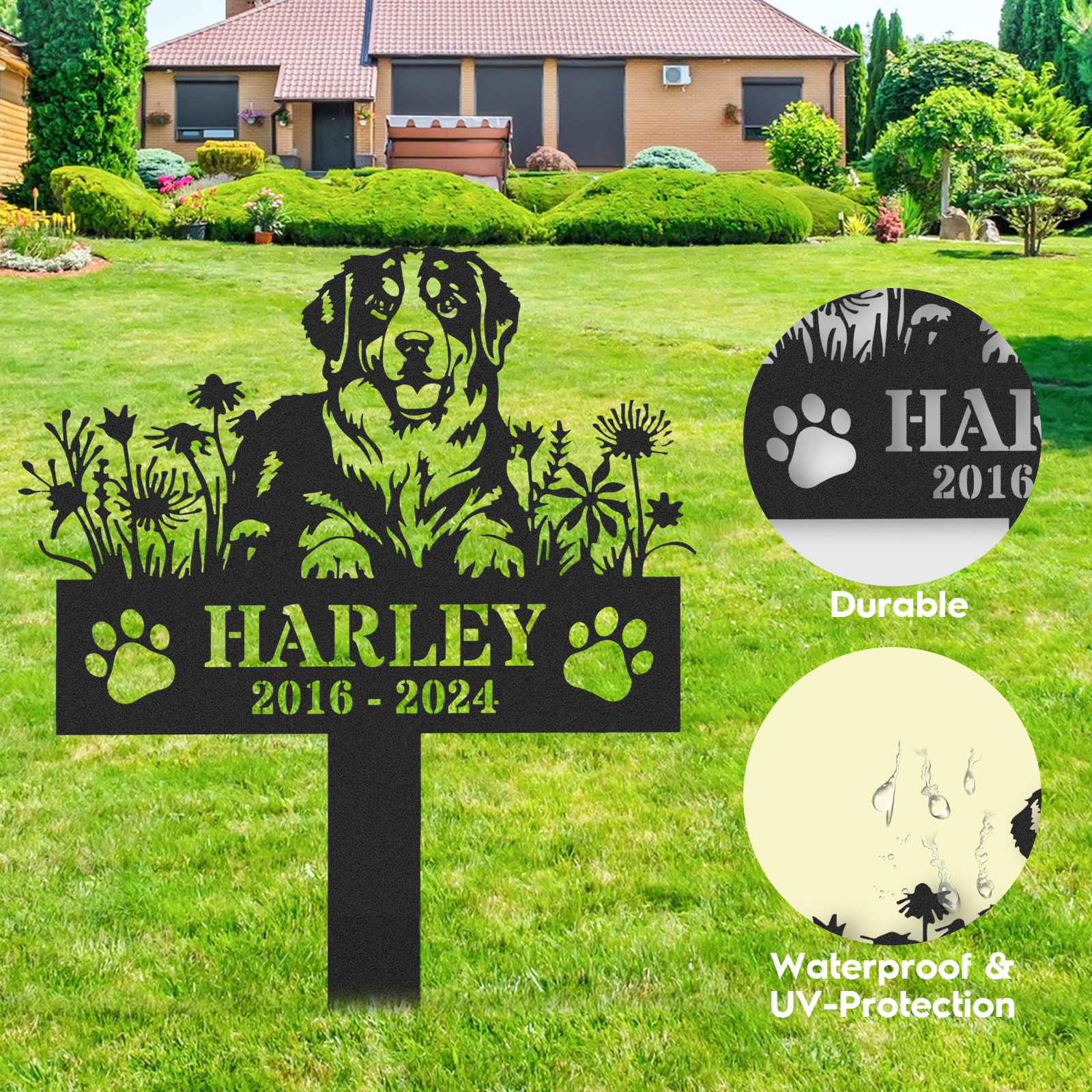 Personalized Dog Memorial Stake, Bernese Mountain Garden Stake Sign, Pet Loss Gift, Garden Decor, Bernese Dog Name Sign, Pet Grave Marker