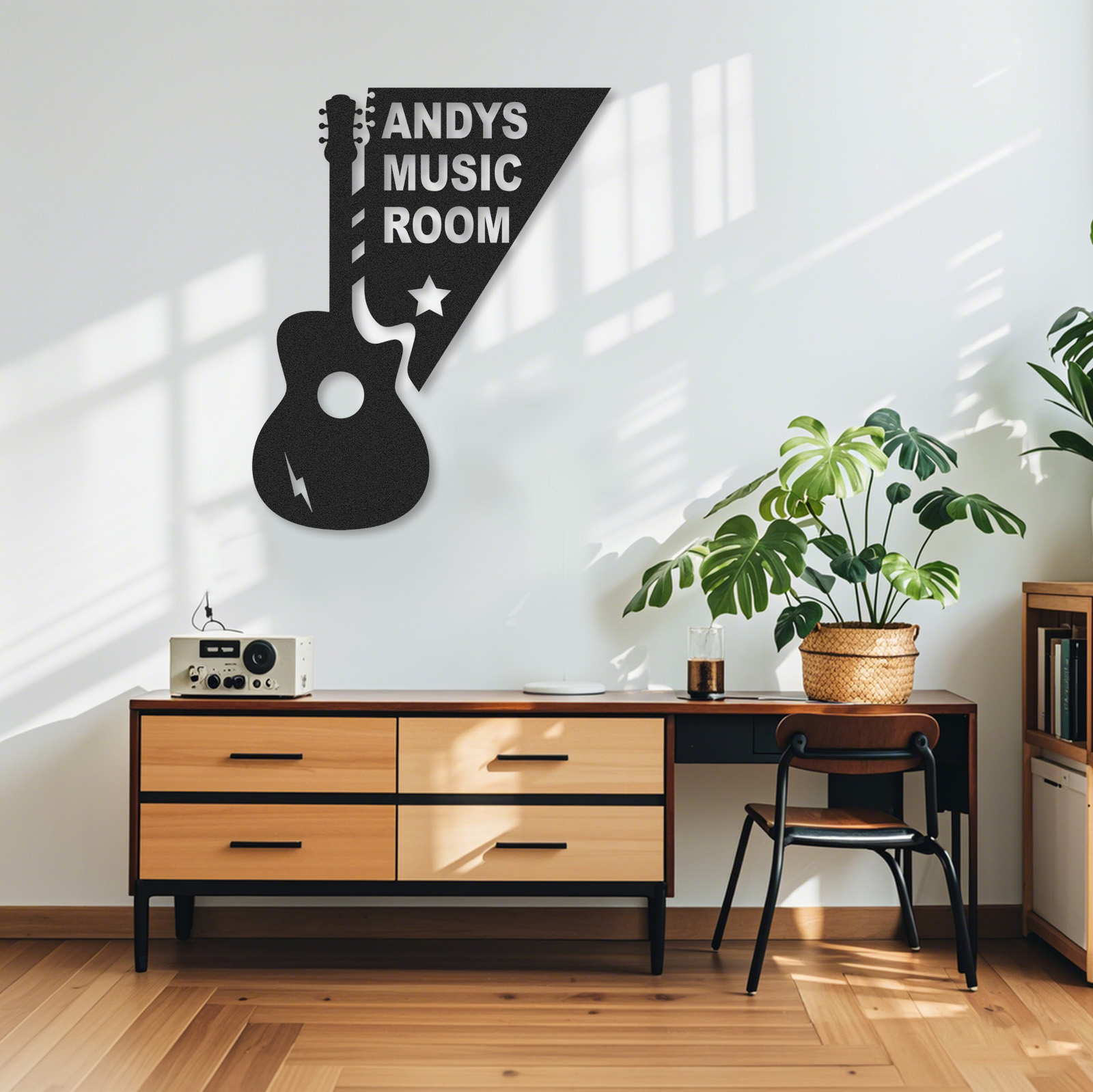 Personalized Acoustic Guitar Metal Sign, Custom Music Room Wall Art with Star and Lightning, Gift for Musicians
