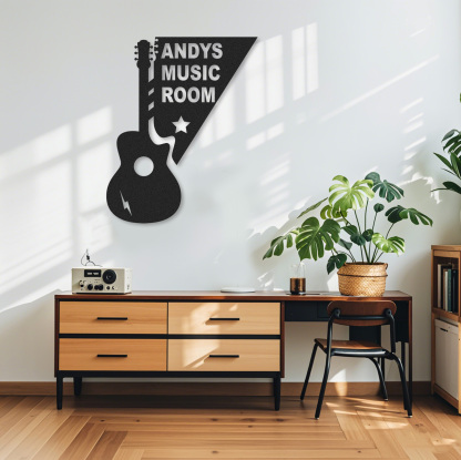 Personalized Acoustic Guitar Metal Sign, Custom Music Room Wall Art with Star and Lightning, Gift for Musicians