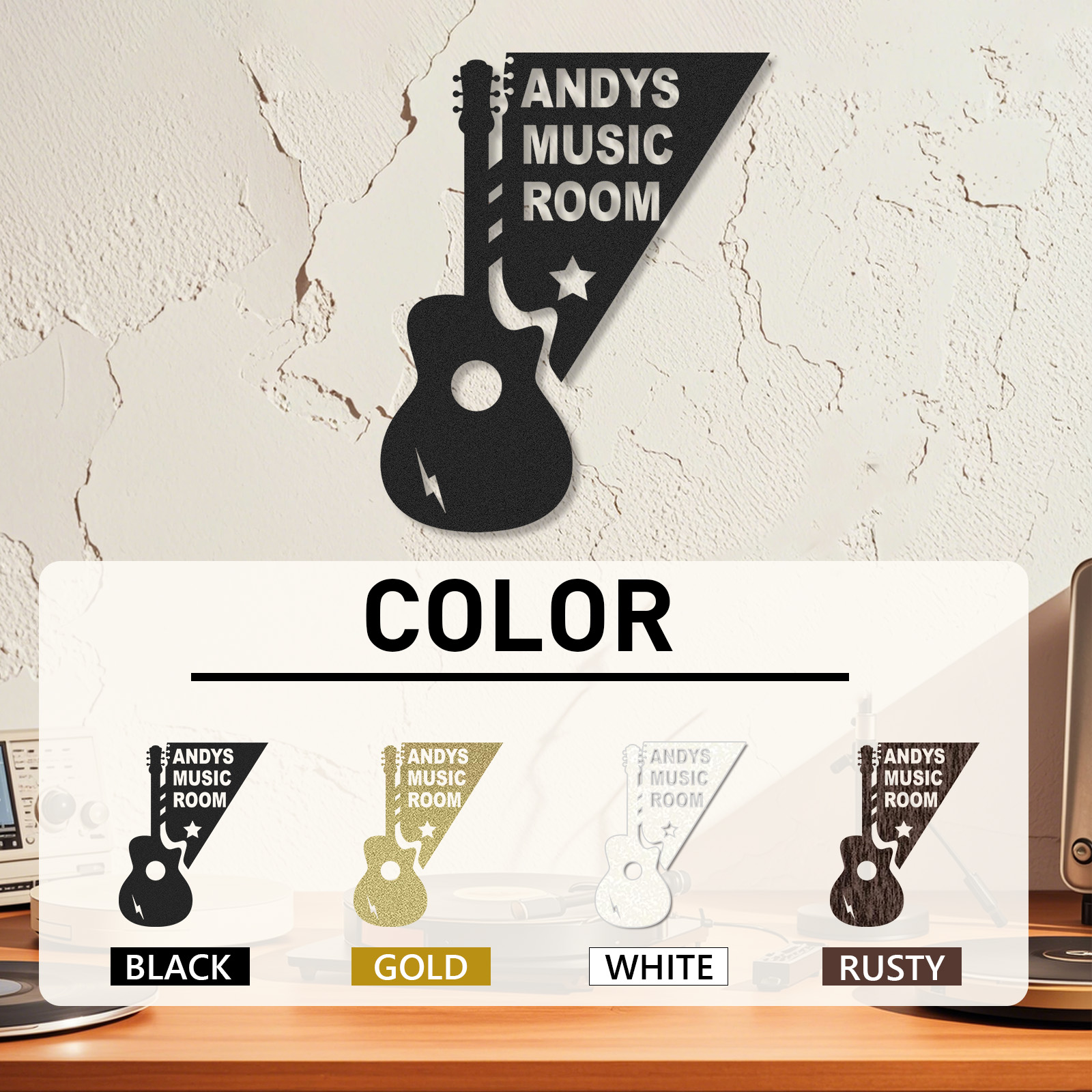 Personalized Acoustic Guitar Metal Sign, Custom Music Room Wall Art with Star and Lightning, Gift for Musicians