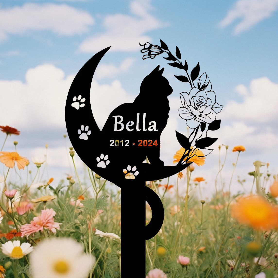 [Copy]Personalized Cat Memorial Stake,Cat Metal Grave Marker with Flowers, Loss of Cat Sympathy Gift