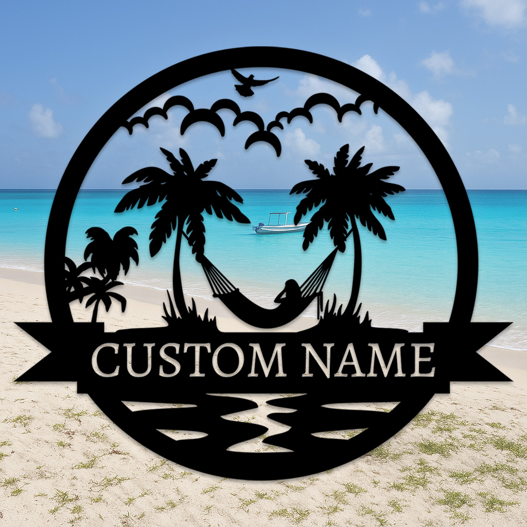 Custom Hammock Metal Sign, Personalized Tropical Palm Tree Wall Art for Beach House, Poolside, or Backyard Relaxation Decor
