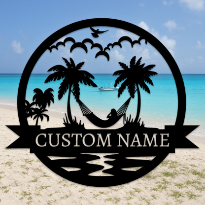Custom Hammock Metal Sign, Personalized Tropical Palm Tree Wall Art for Beach House, Poolside, or Backyard Relaxation Decor