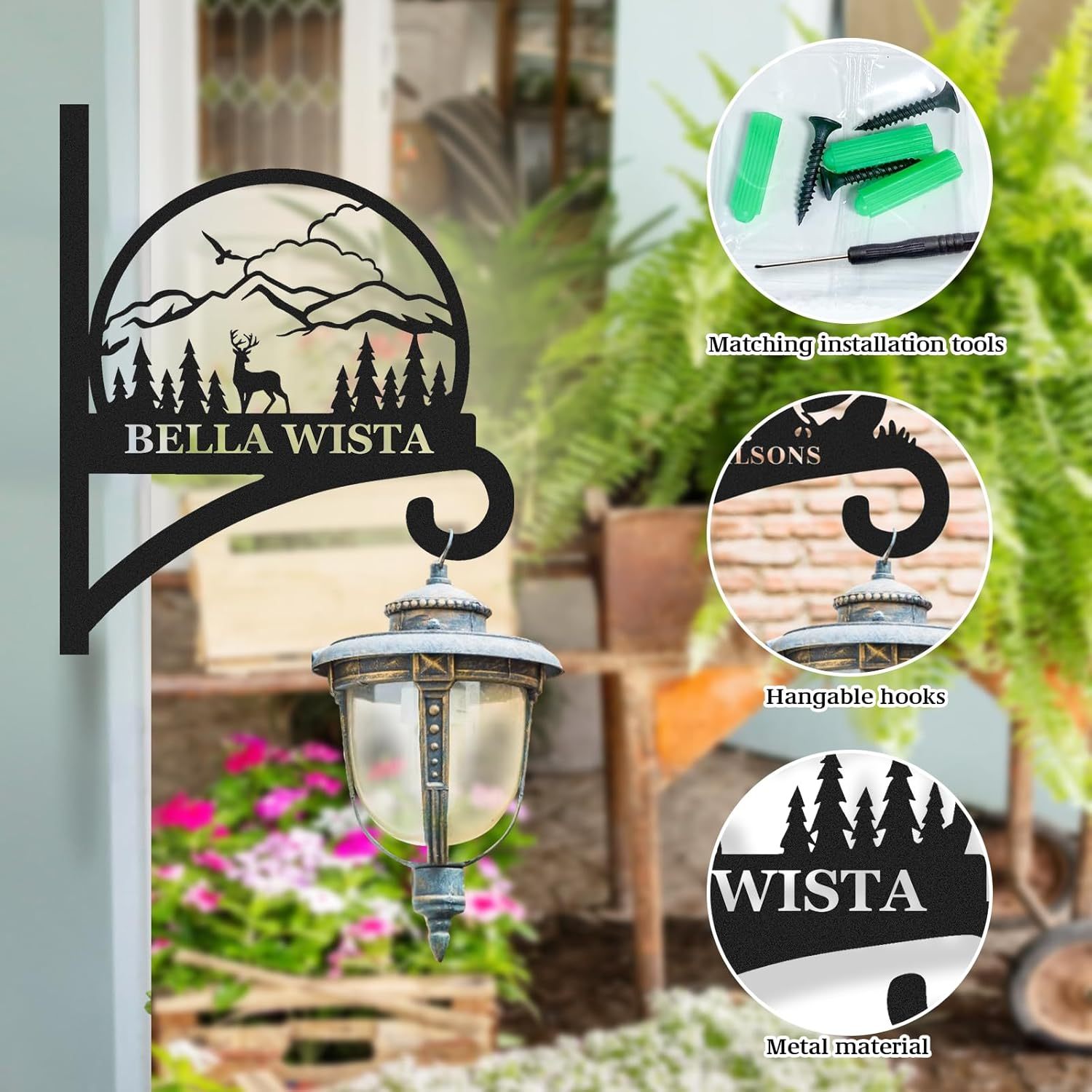 Personalized Iron Hanging Plant Bracket, Customizable Decorative Wall Plant Hanger Indoor Outdoor, Custom Name Bird Feeder Hook, Anti Rust Metal Hook for Wind Chimes Lantern