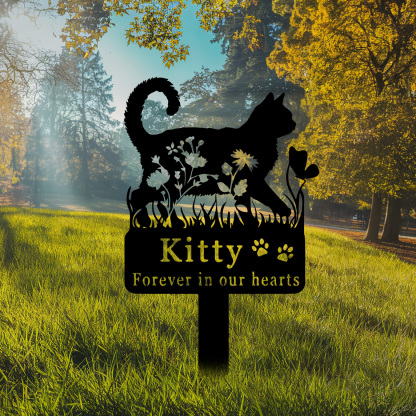 Custom Cat Memorial Stake,Cat Grave Marker,Metal Cat Garden Stake with Flowers