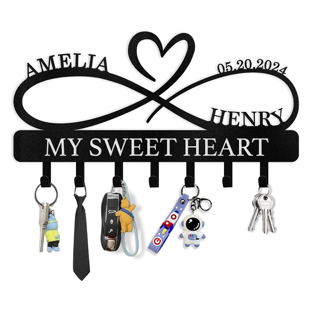 Personalized Key Holder Wall Mount, Custom Couple's Name Key Holder for Wall-01-MetalsignX