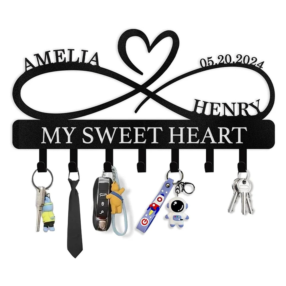 Personalized Key Holder Wall Mount, Custom Couple's Name Key Holder for Wall-01-MetalsignX
