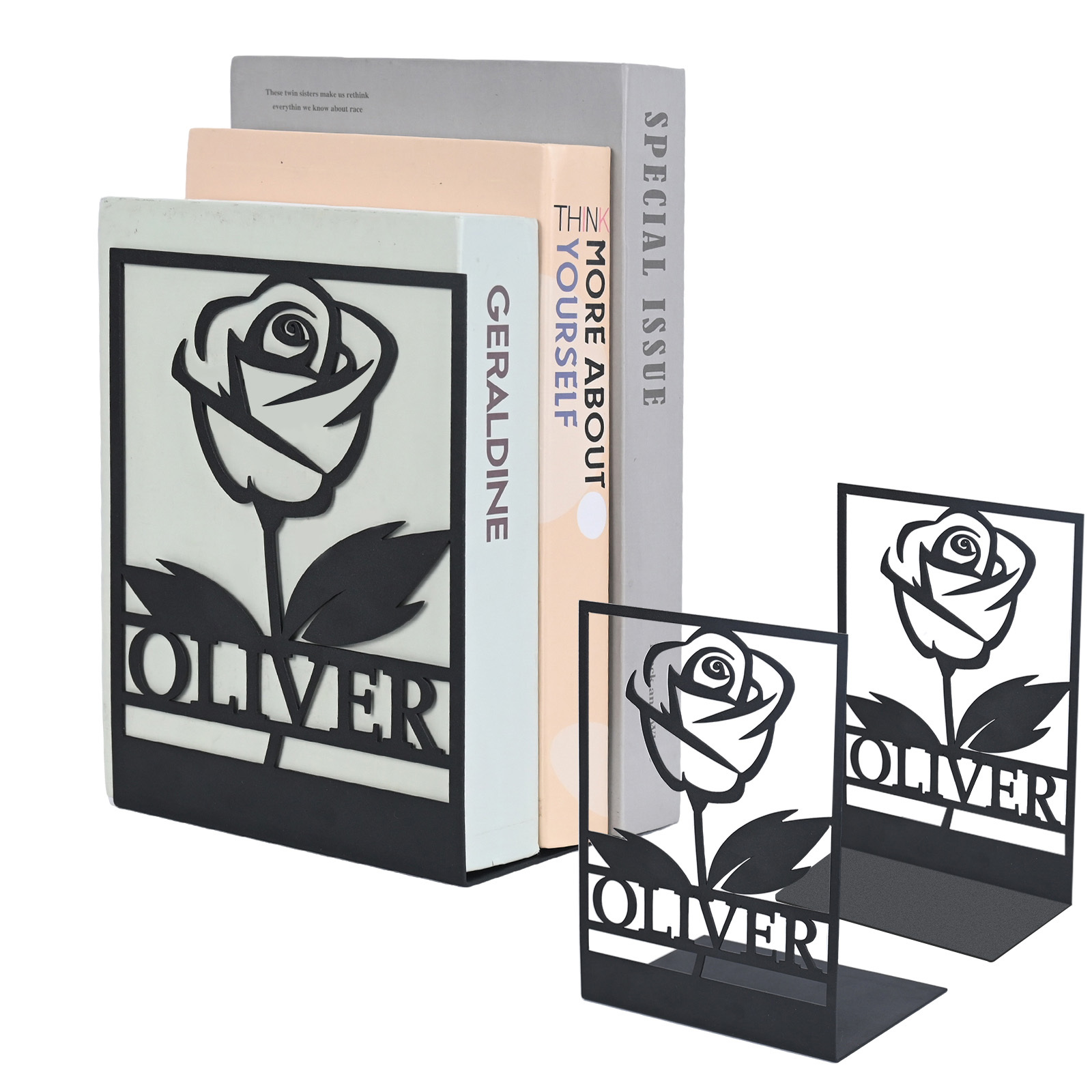 Personalized Name Book Ends Metal, Heavy Duty Bookends for Shelves Decorative, Dinosaur Non-Slip Book Stopper, Modern Bookshelf Decor for Home Office Desk, Gifts for Readers Color08