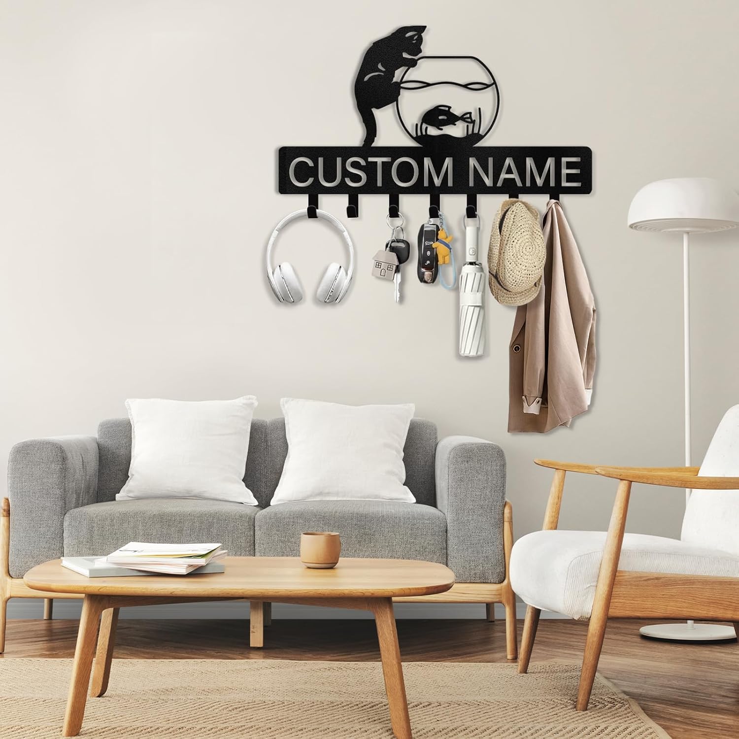 Custom Cat Key Holder for Wall, Custom Name Cat Key Rack Hanger with Hooks-MetalsignX