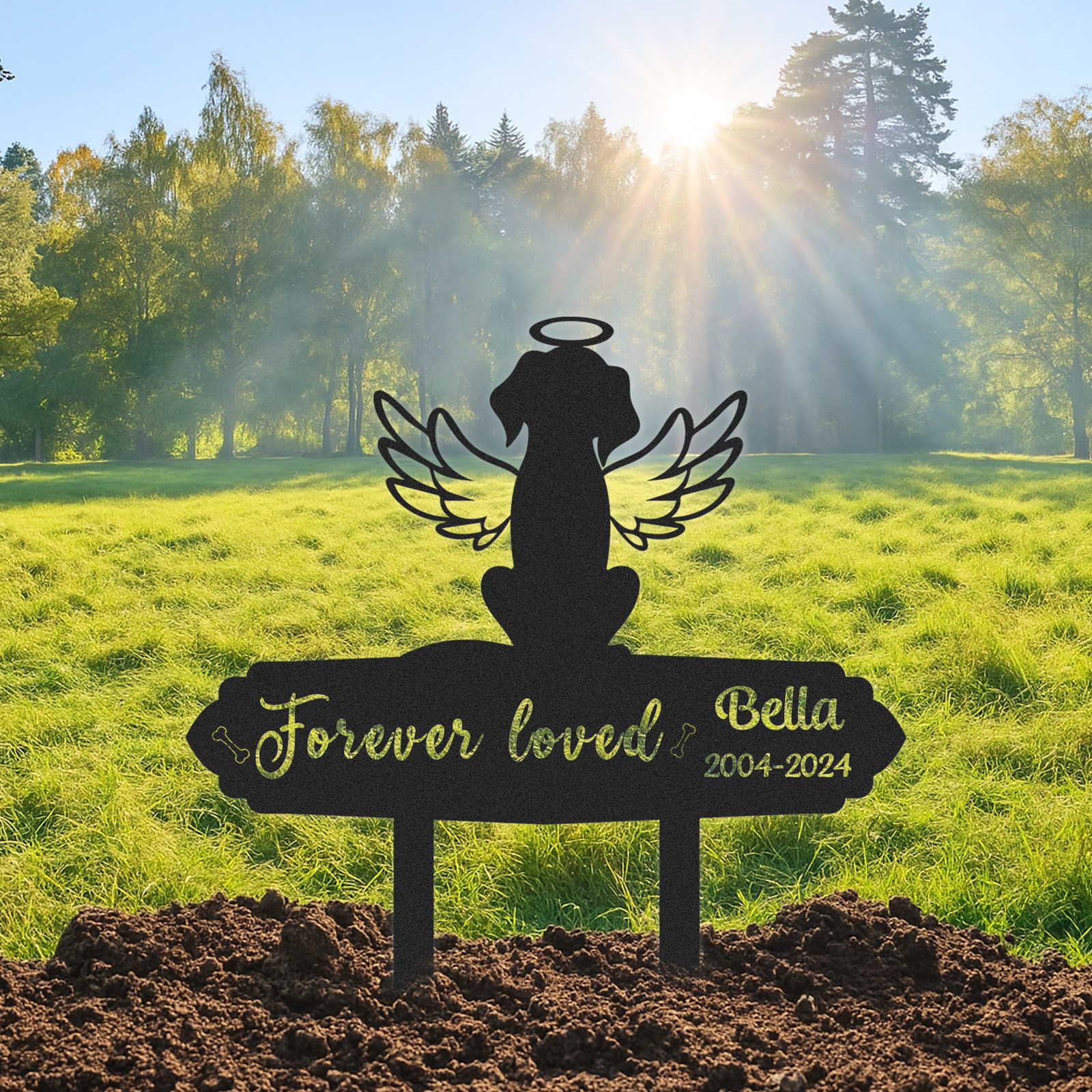 Custom Angel Dog Silhouette Pet Memorial Stake, Forever Loved Garden Marker for Dog or Cat, Personalized Outdoor Tribute for Pet Loss