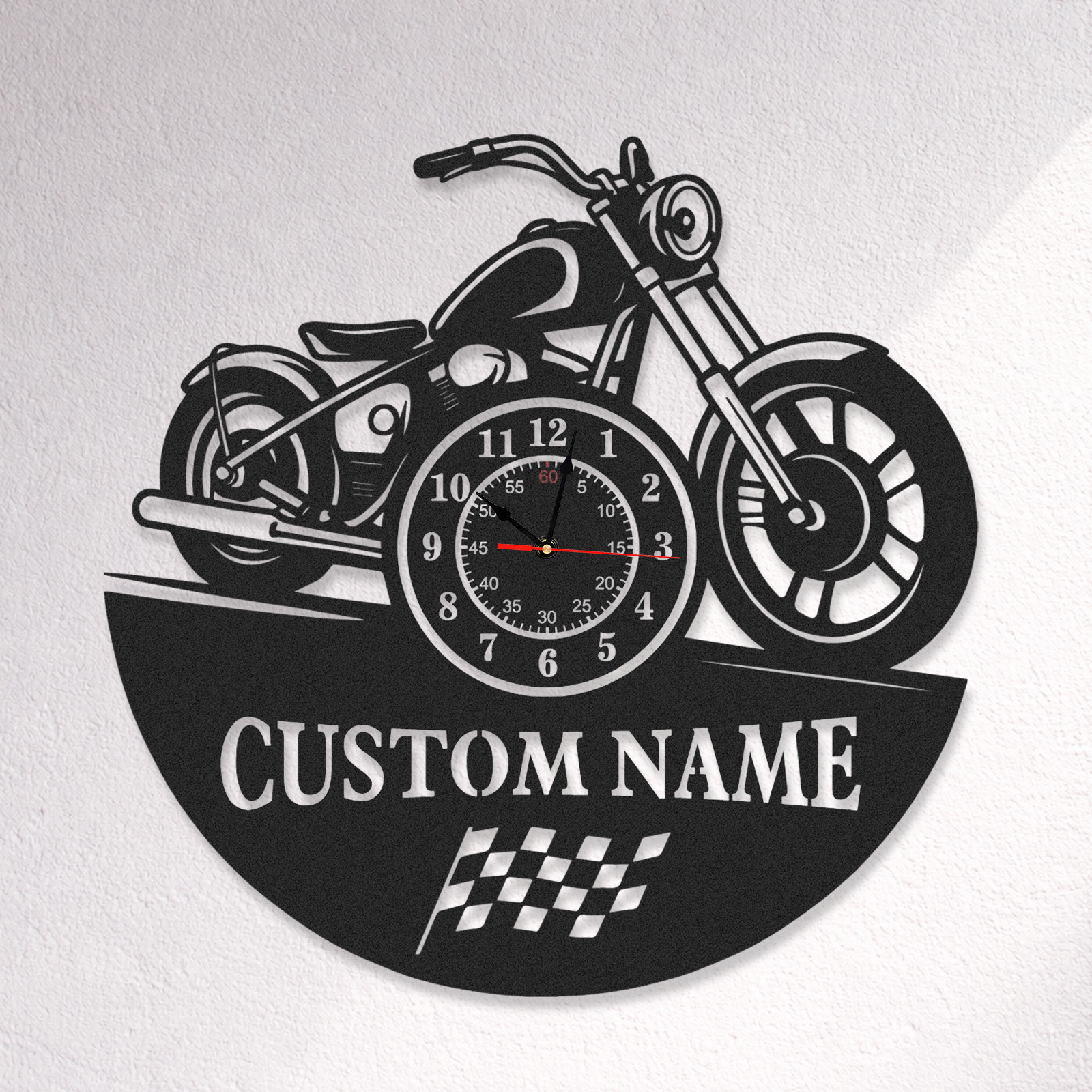 Personalized Cruiser Motorcycle Metal Wall Clock with Custom Name, Racing Flag Garage Decor, Silent Industrial Wall Art for Bikers