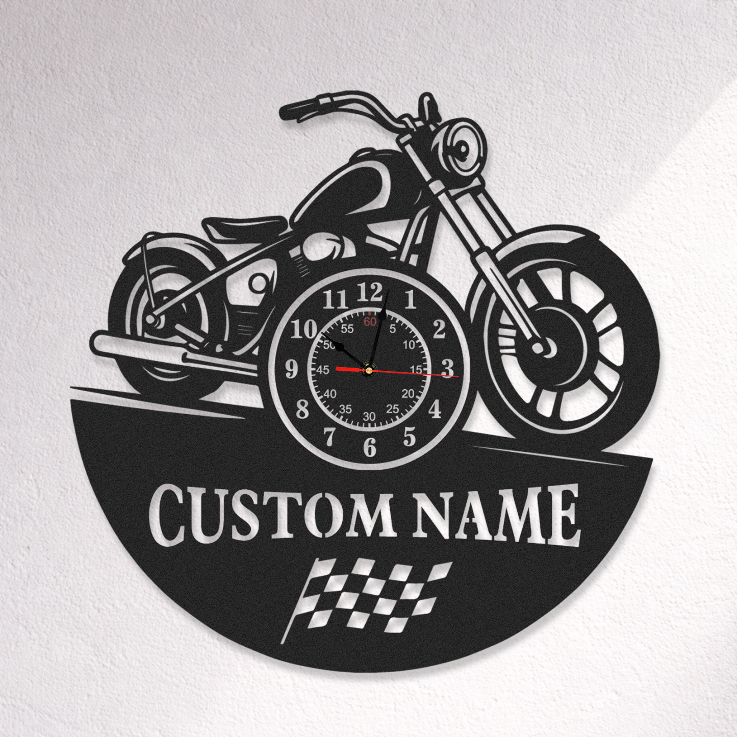 Personalized Cruiser Motorcycle Metal Wall Clock with Custom Name, Racing Flag Garage Decor, Silent Industrial Wall Art for Bikers