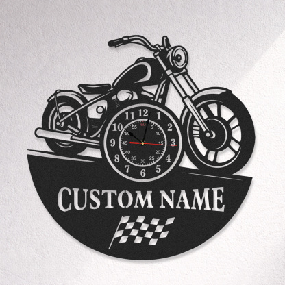 Personalized Cruiser Motorcycle Metal Wall Clock with Custom Name, Racing Flag Garage Decor, Silent Industrial Wall Art for Bikers