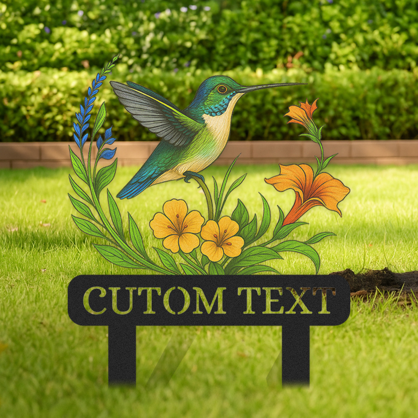 Personalized Hummingbird Garden Stake, Custom Colorful Metal Garden Sign with Yellow and Orange Flowers, Garden Name Sign for Yard Outdoor Decor with Custom Text
