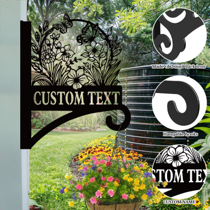Custom Flower and Butterfly Plant Hanger for Wall, Personalized Floral Metal Hanging Basket Bracket, Outdoor Garden Hook with Custom Name or Text