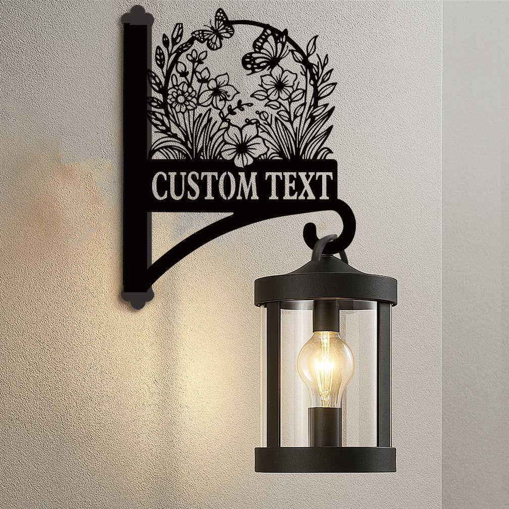 Custom Flower and Butterfly Plant Hanger for Wall, Personalized Floral Metal Hanging Basket Bracket, Outdoor Garden Hook with Custom Name or Text