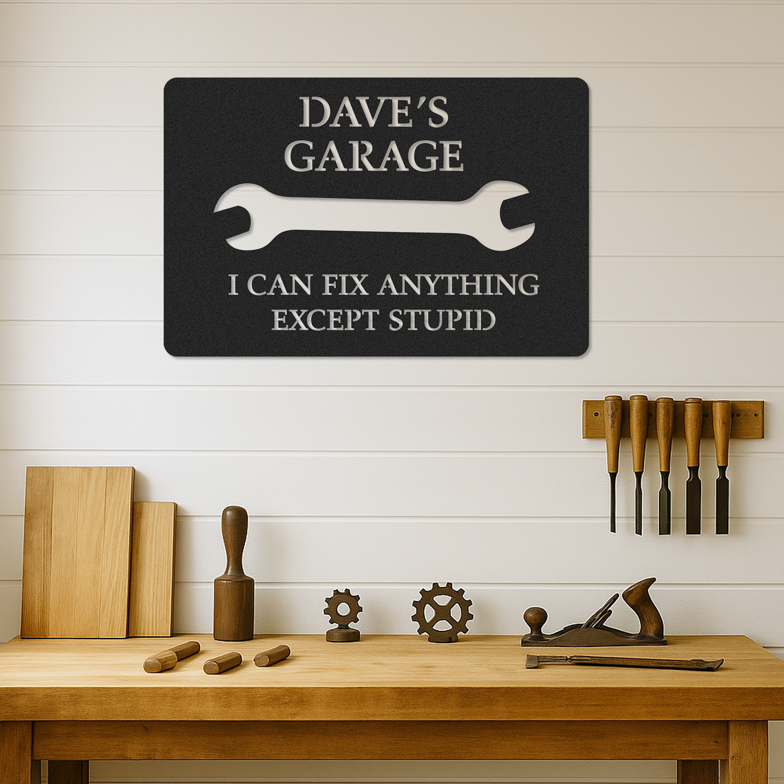 Custom Funny Garage Metal Sign, Personalized Mechanic Shop Sign, I Can Fix Anything Except Stupid, Gift for Dad, Husband or Grandpa