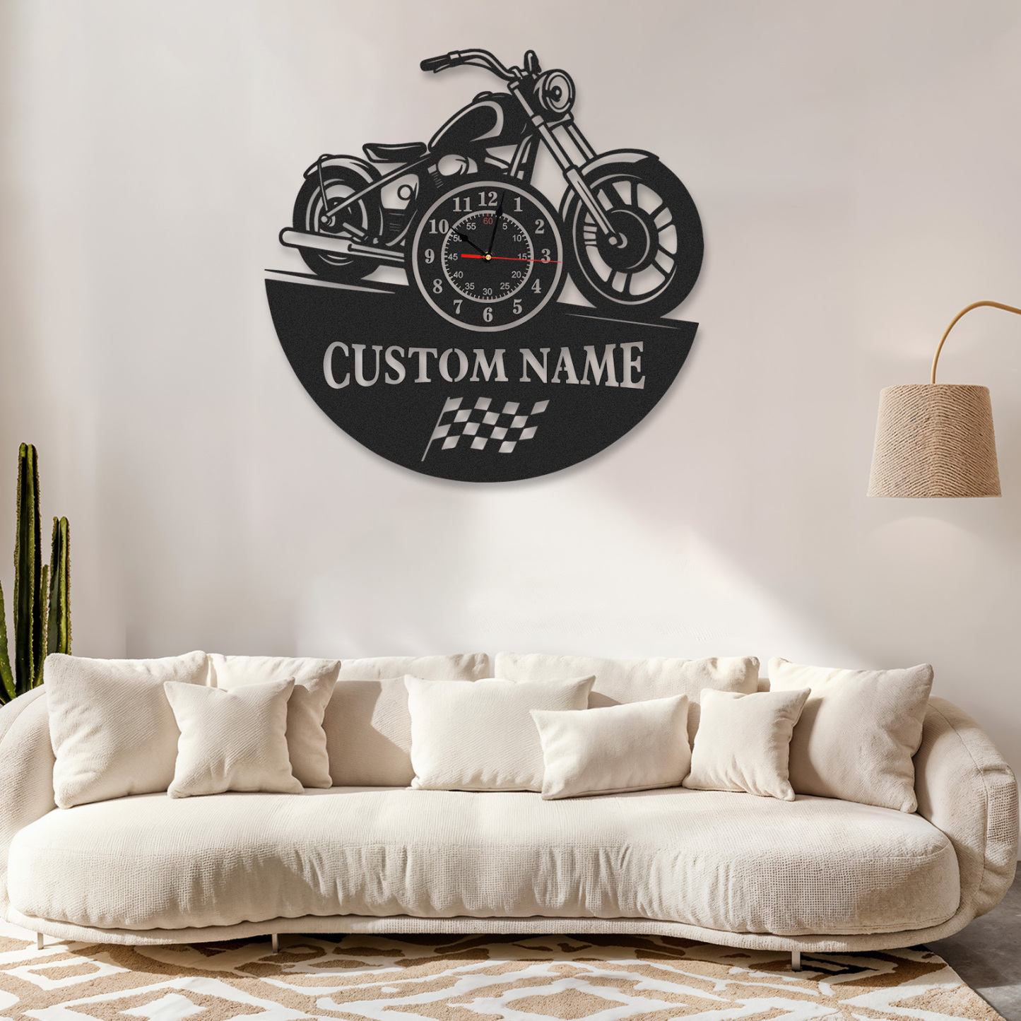 Personalized Cruiser Motorcycle Metal Wall Clock with Custom Name, Racing Flag Garage Decor, Silent Industrial Wall Art for Bikers