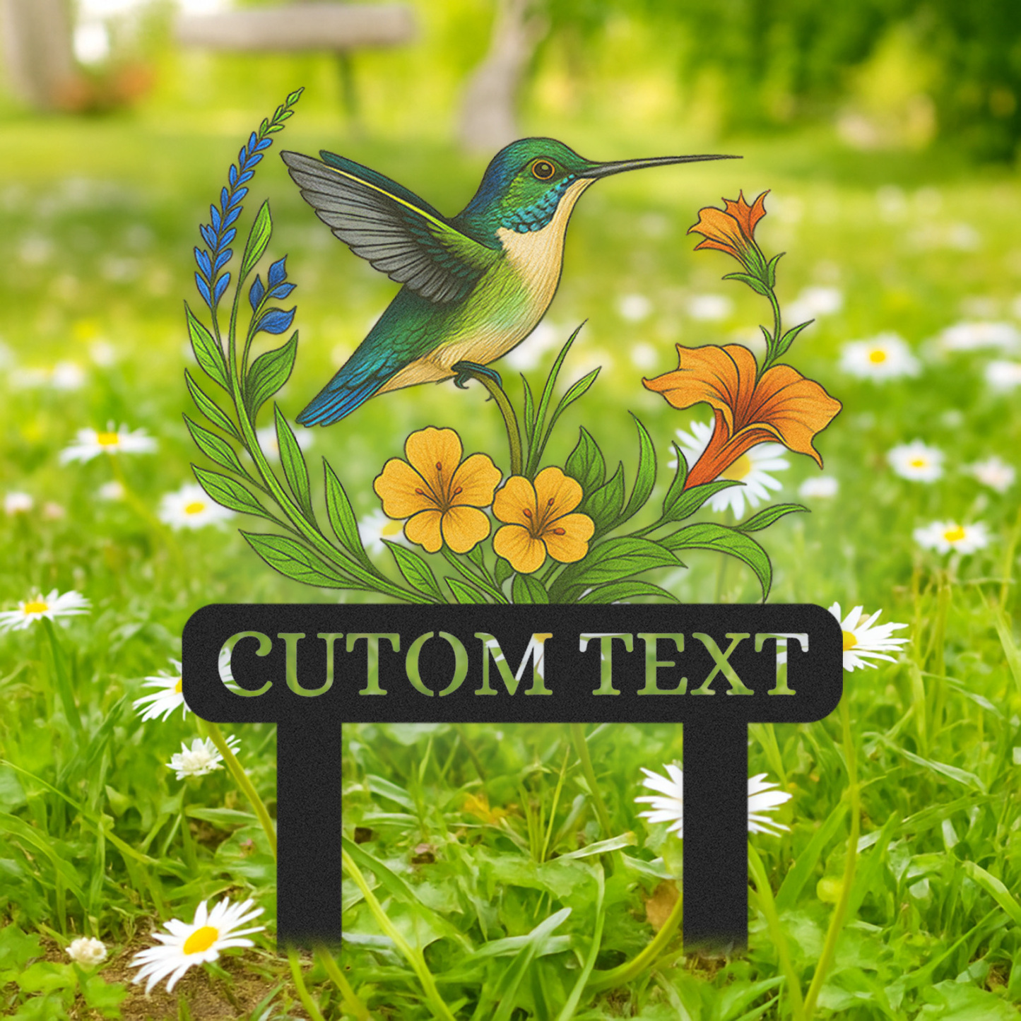 Personalized Hummingbird Garden Stake, Custom Colorful Metal Garden Sign with Yellow and Orange Flowers, Garden Name Sign for Yard Outdoor Decor with Custom Text