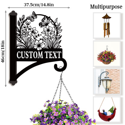 Custom Flower and Butterfly Plant Hanger for Wall, Personalized Floral Metal Hanging Basket Bracket, Outdoor Garden Hook with Custom Name or Text