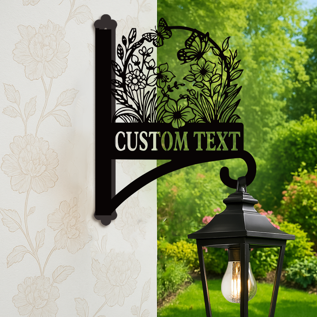 Custom Flower and Butterfly Plant Hanger for Wall, Personalized Floral Metal Hanging Basket Bracket, Outdoor Garden Hook with Custom Name or Text