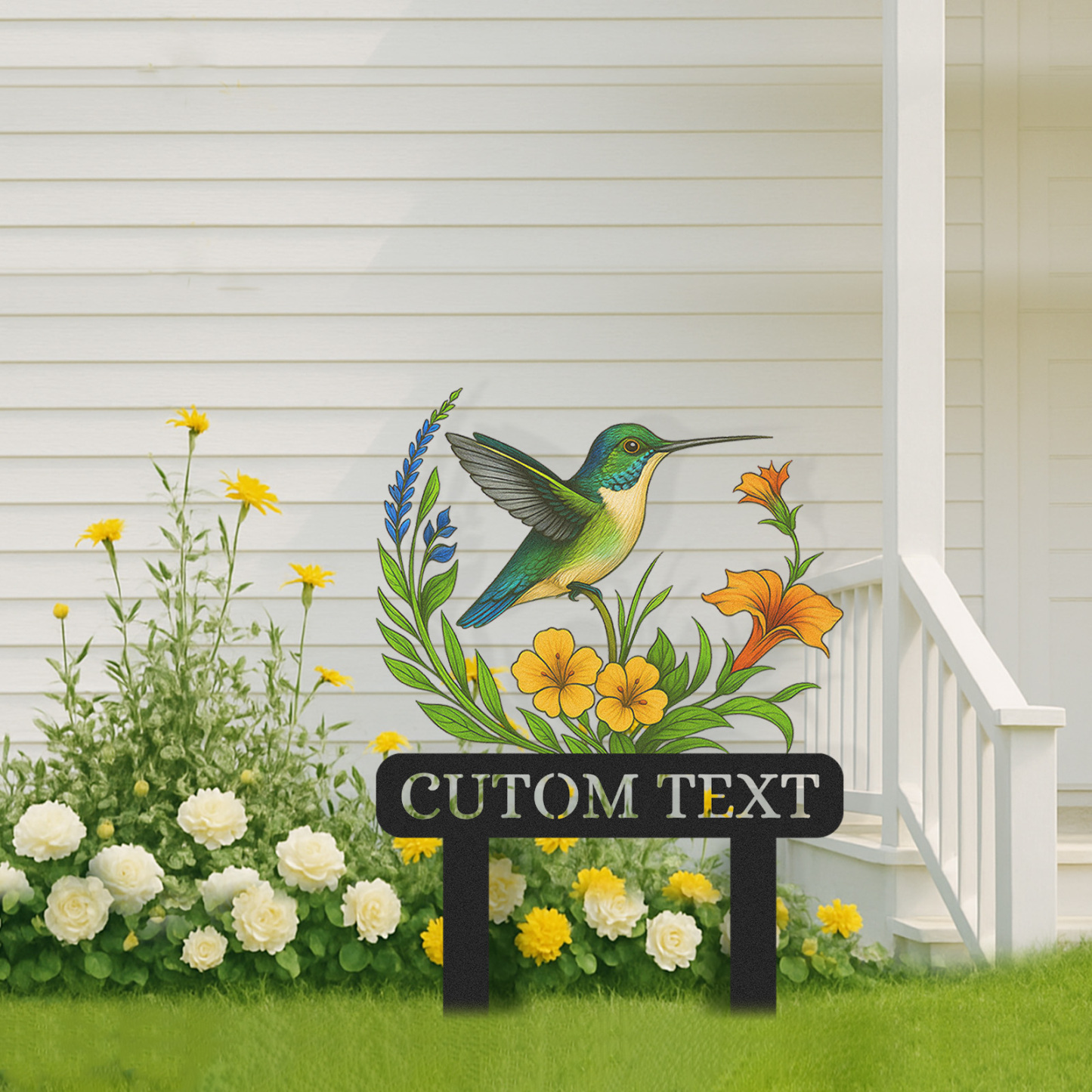 Personalized Hummingbird Garden Stake, Custom Colorful Metal Garden Sign with Yellow and Orange Flowers, Garden Name Sign for Yard Outdoor Decor with Custom Text