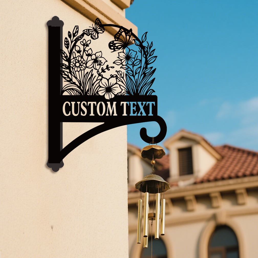 Custom Flower and Butterfly Plant Hanger for Wall, Personalized Floral Metal Hanging Basket Bracket, Outdoor Garden Hook with Custom Name or Text