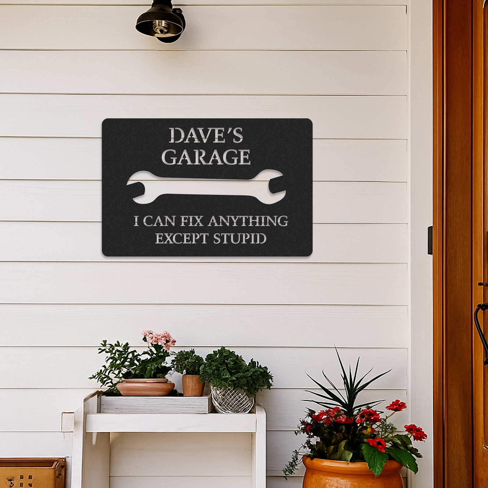 Custom Funny Garage Metal Sign, Personalized Mechanic Shop Sign, I Can Fix Anything Except Stupid, Gift for Dad, Husband or Grandpa