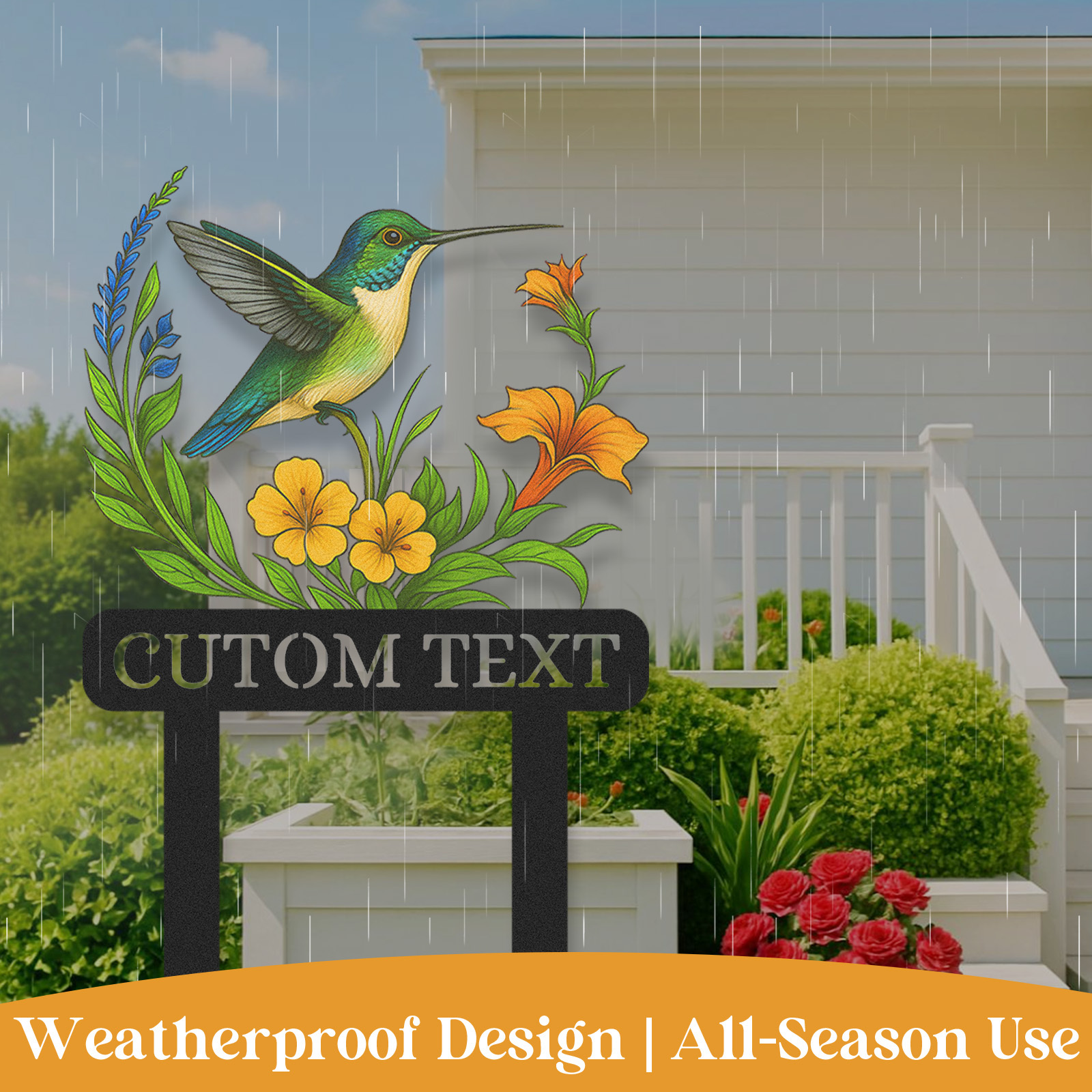 Personalized Hummingbird Garden Stake, Custom Colorful Metal Garden Sign with Yellow and Orange Flowers, Garden Name Sign for Yard Outdoor Decor with Custom Text