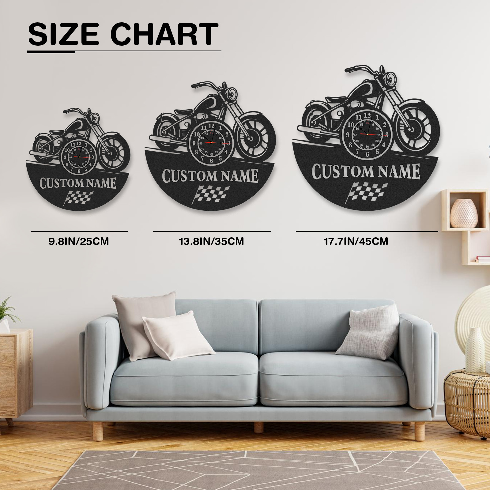 Personalized Cruiser Motorcycle Metal Wall Clock with Custom Name, Racing Flag Garage Decor, Silent Industrial Wall Art for Bikers