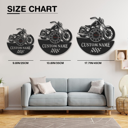 Personalized Cruiser Motorcycle Metal Wall Clock with Custom Name, Racing Flag Garage Decor, Silent Industrial Wall Art for Bikers
