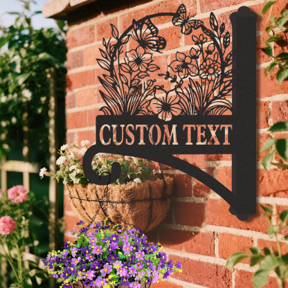 Custom Flower and Butterfly Plant Hanger for Wall, Personalized Floral Metal Hanging Basket Bracket, Outdoor Garden Hook with Custom Name or Text