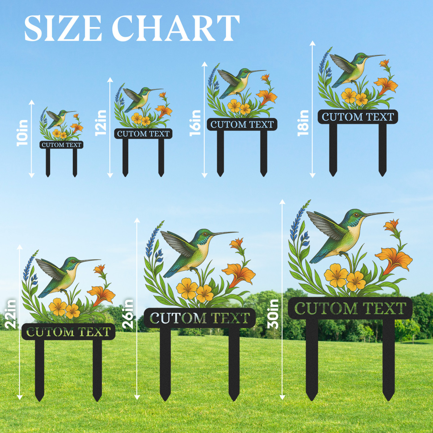 Personalized Hummingbird Garden Stake, Custom Colorful Metal Garden Sign with Yellow and Orange Flowers, Garden Name Sign for Yard Outdoor Decor with Custom Text