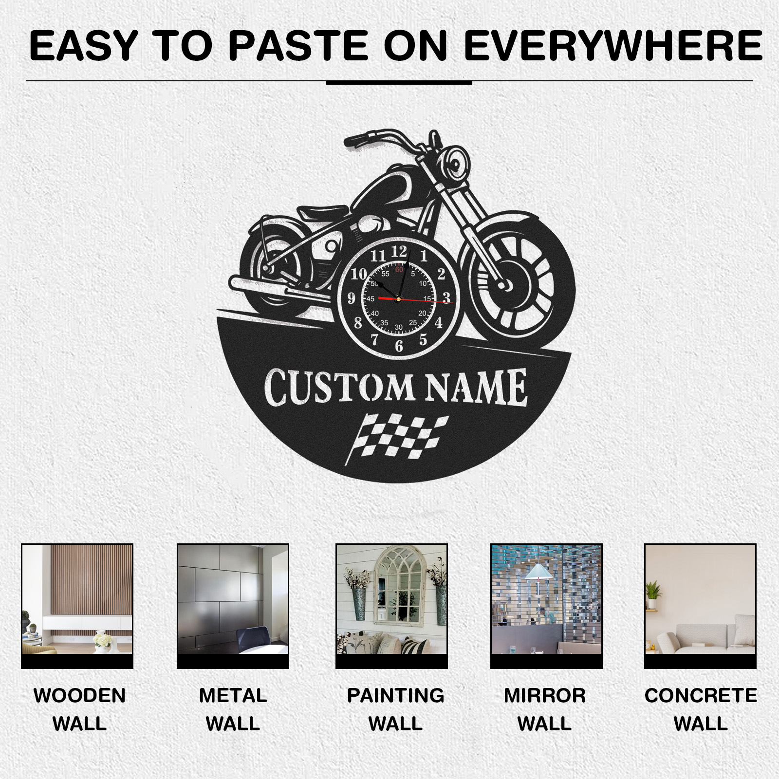 Personalized Cruiser Motorcycle Metal Wall Clock with Custom Name, Racing Flag Garage Decor, Silent Industrial Wall Art for Bikers