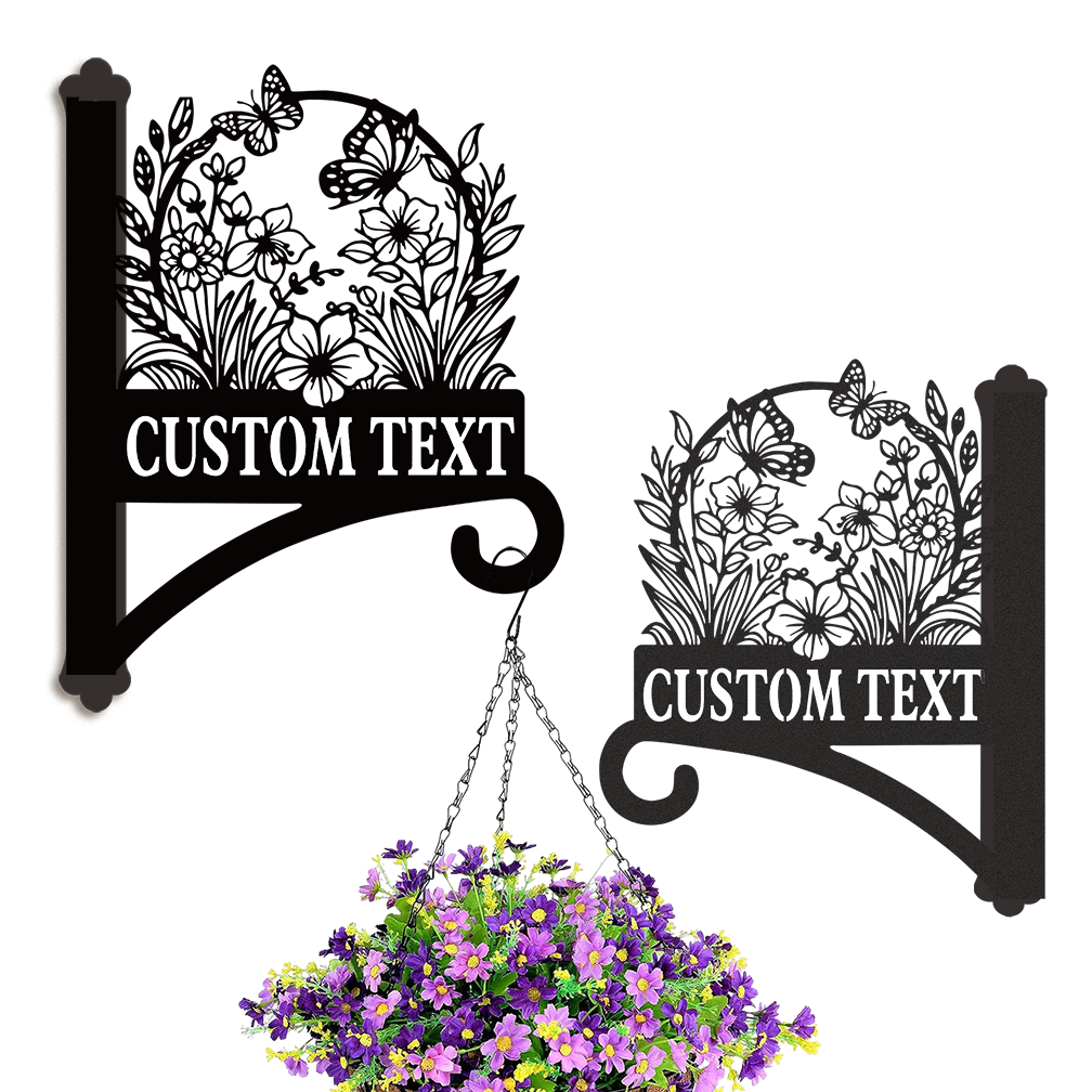 Custom Flower and Butterfly Plant Hanger for Wall, Personalized Floral Metal Hanging Basket Bracket, Outdoor Garden Hook with Custom Name or Text