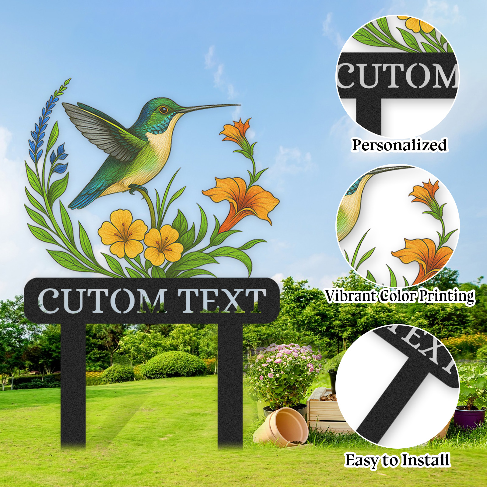 Personalized Hummingbird Garden Stake, Custom Colorful Metal Garden Sign with Yellow and Orange Flowers, Garden Name Sign for Yard Outdoor Decor with Custom Text