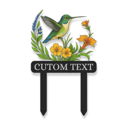 Personalized Hummingbird Garden Stake, Custom Colorful Metal Garden Sign with Yellow and Orange Flowers, Garden Name Sign for Yard Outdoor Decor with Custom Text