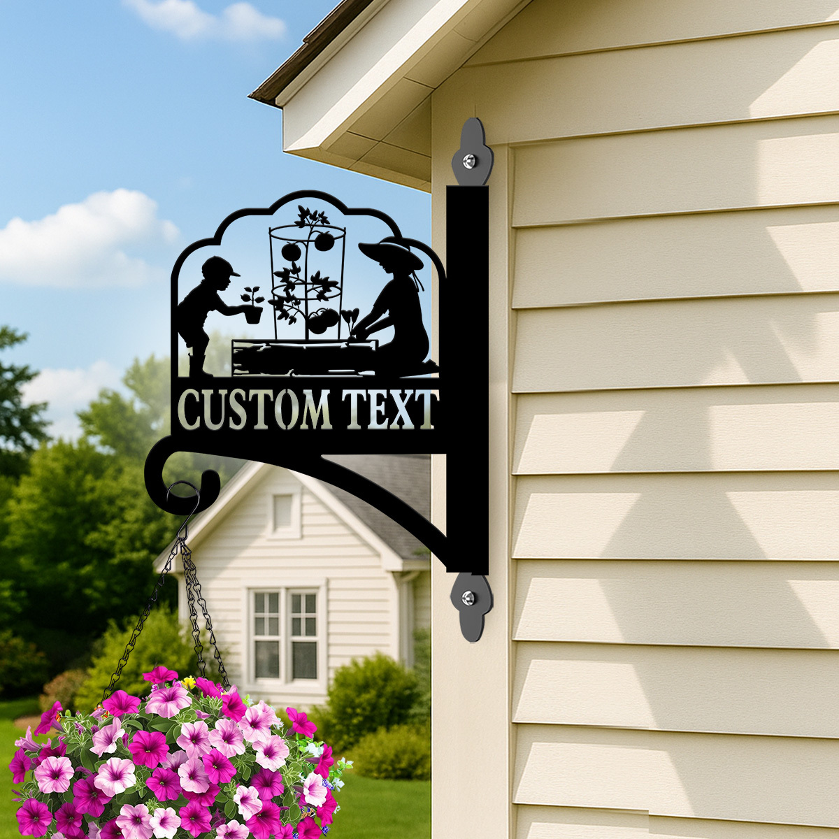 Custom Family Garden Sign with Kids, Personalized Wall Mount Plant Hanger, Gardening Decor for Greenhouse or Raised Bed Area