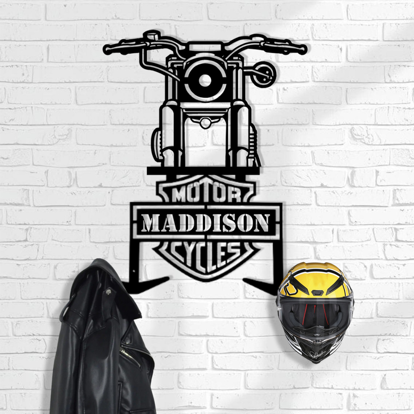 Custom Motorcycle Front View Helmet Holder Wall Mount, Personalized Name Metal Rack with Hooks, Garage Decor for Biker Helmets, Jackets and Coats