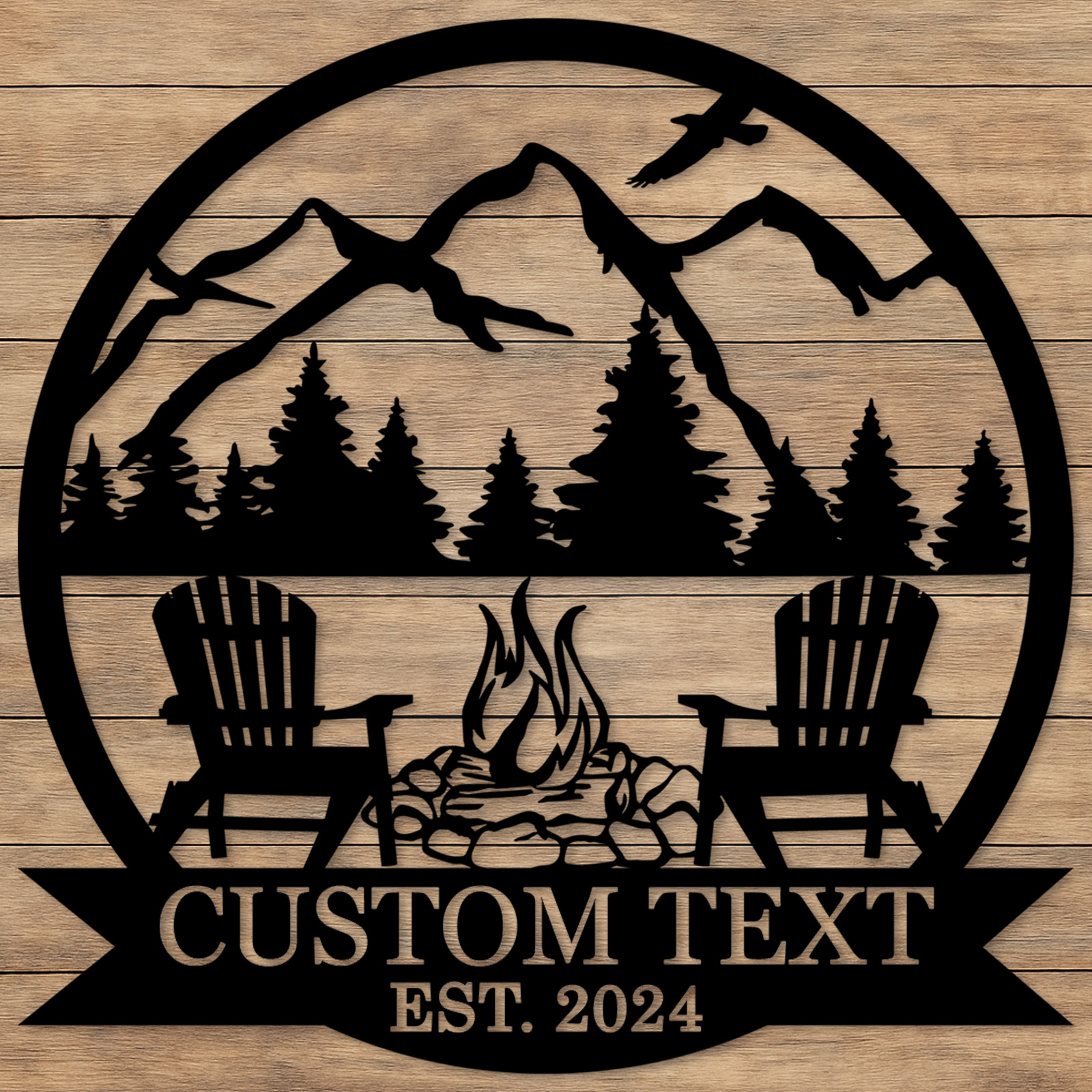 Custom BBQ Grill Metal Sign, Personalized Dad’s Backyard Firepit Wall Art with Mountains and Chairs, Outdoor Gift for Father's Day