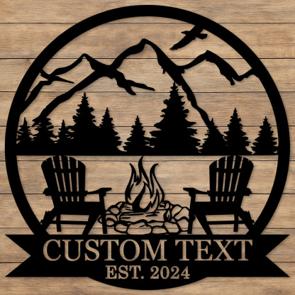 Custom BBQ Grill Metal Sign, Personalized Dad’s Backyard Firepit Wall Art with Mountains and Chairs, Outdoor Gift for Father's Day