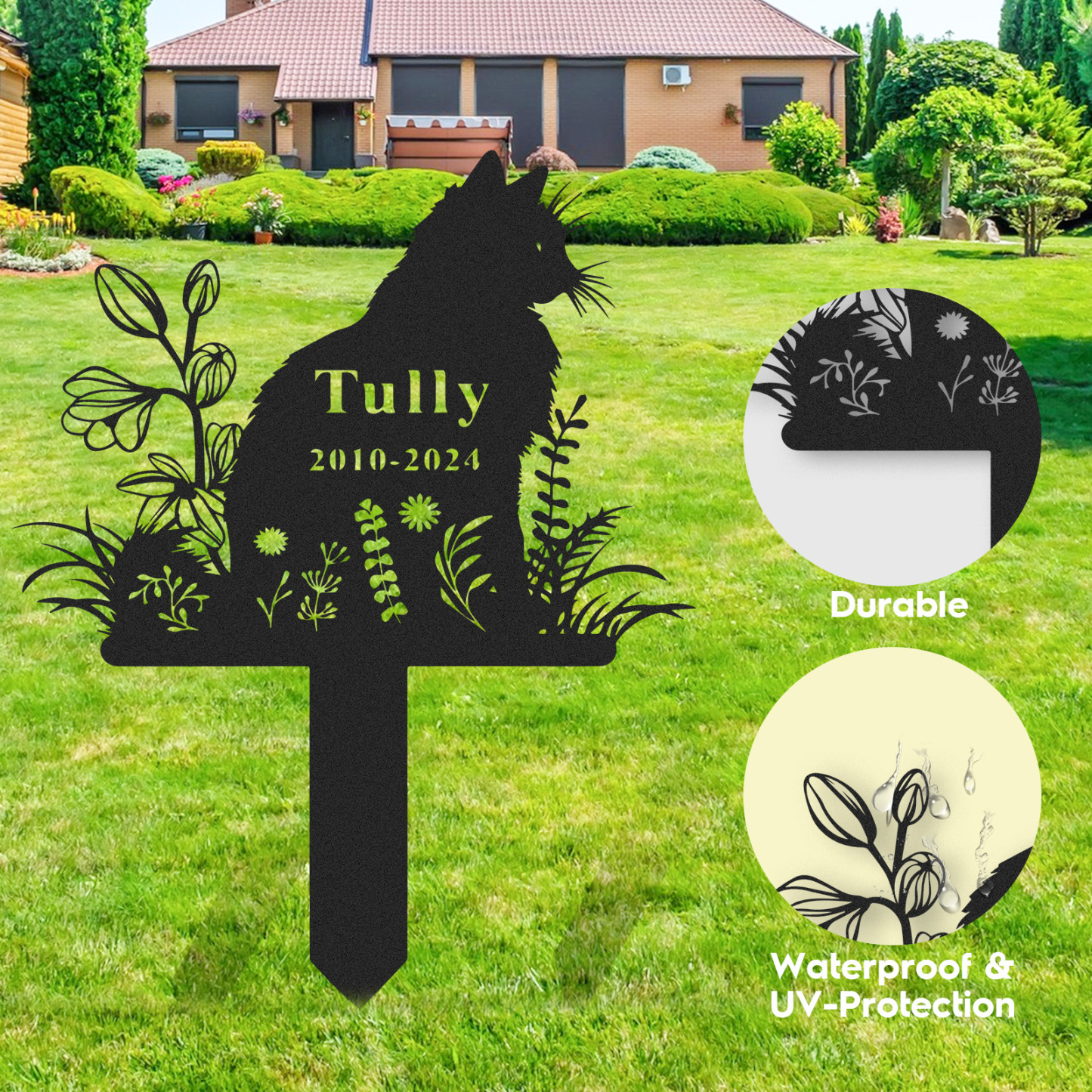 Personalized Cat Memorial Stake, Metal Cat Grave Marker, Cat Garden Stake with Flowers