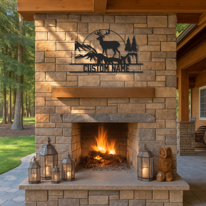 Deer Cabin Metal Sign, Custom Mountain Scene Wall Art, Personalized Hunting Lodge Name Sign