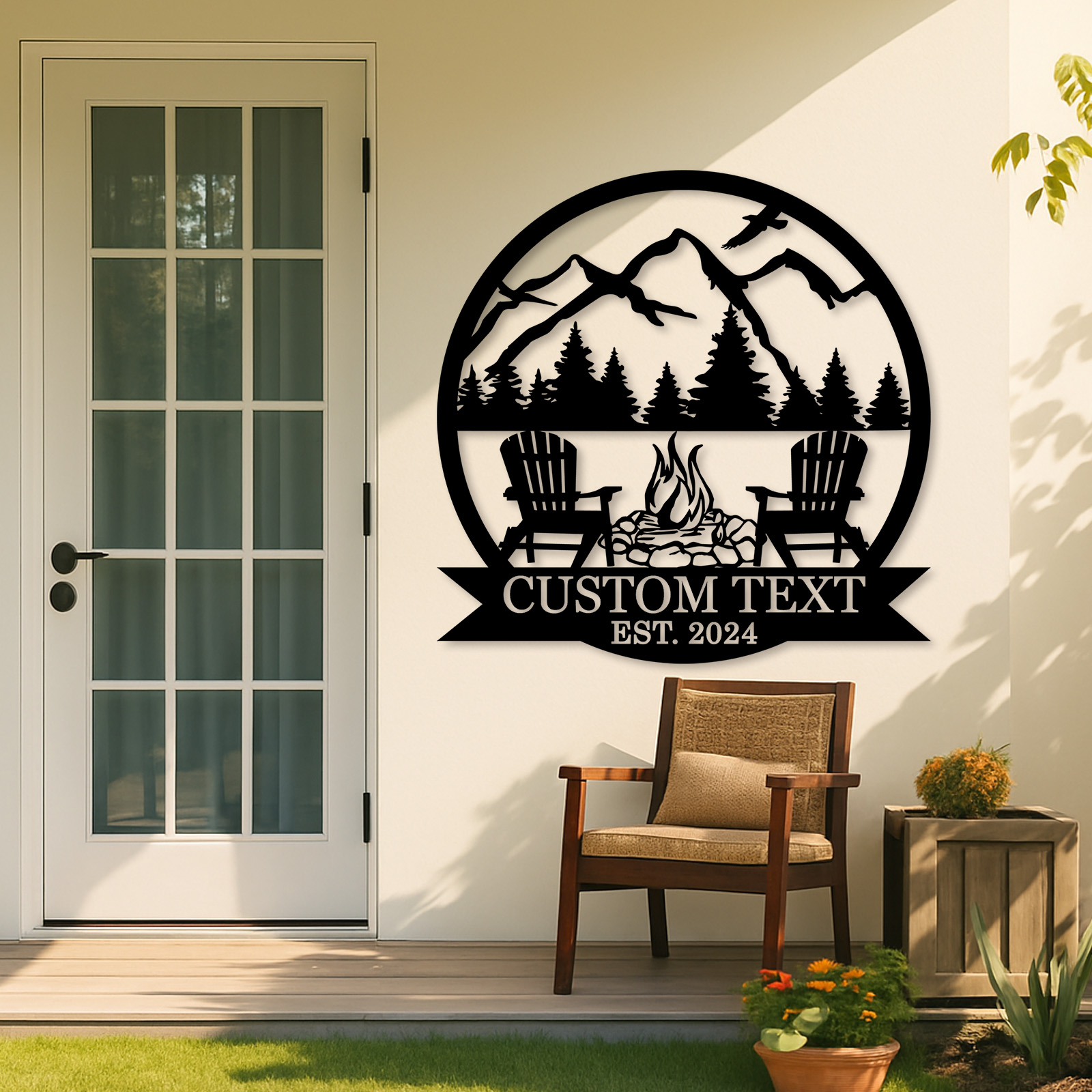 Custom BBQ Grill Metal Sign, Personalized Dad’s Backyard Firepit Wall Art with Mountains and Chairs, Outdoor Gift for Father's Day