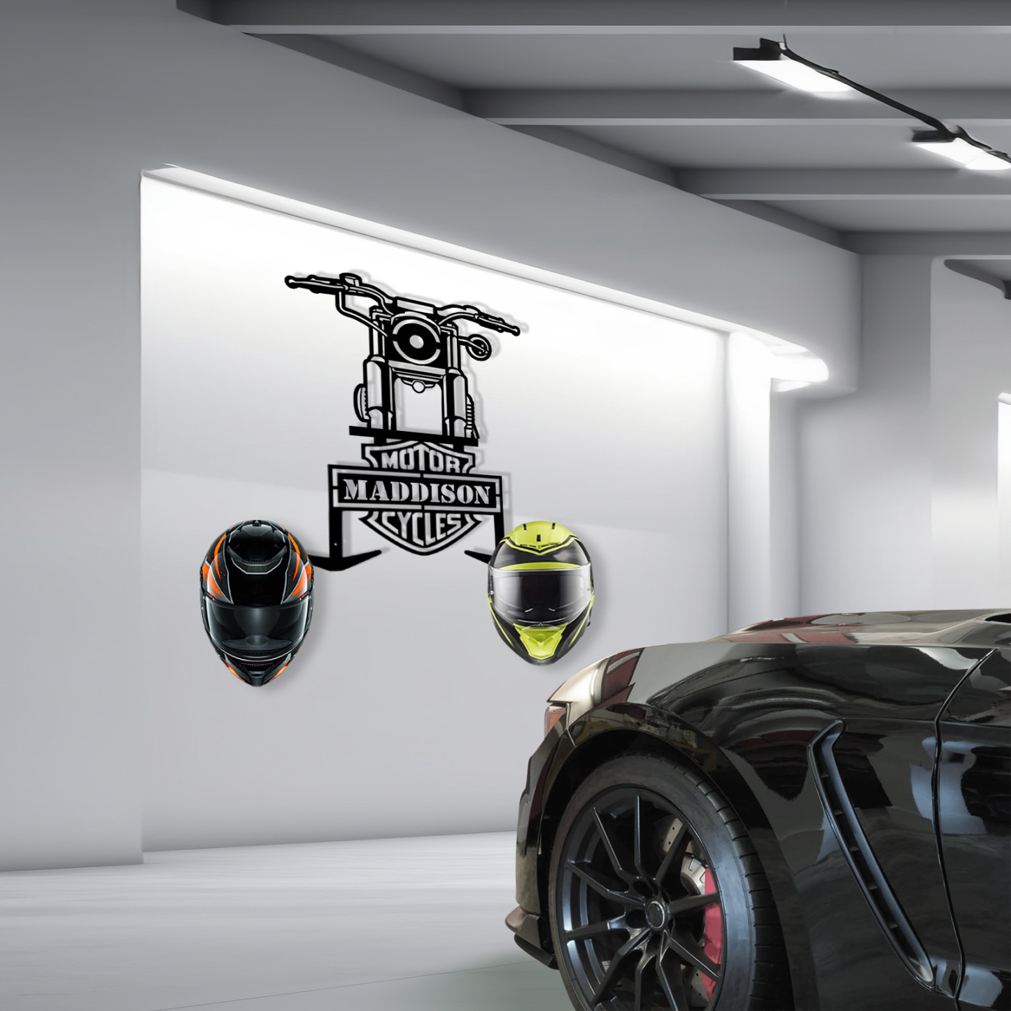 Custom Motorcycle Front View Helmet Holder Wall Mount, Personalized Name Metal Rack with Hooks, Garage Decor for Biker Helmets, Jackets and Coats