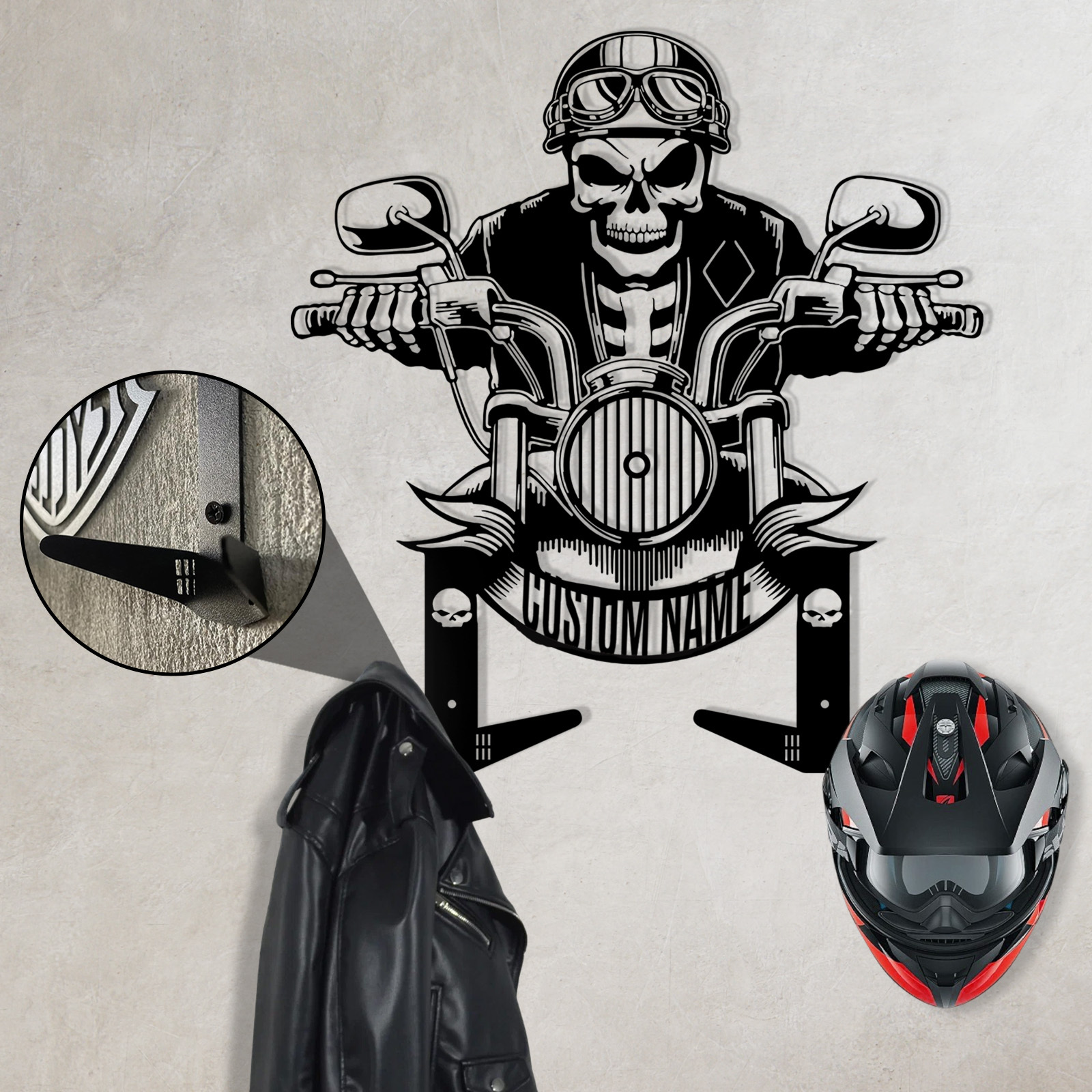 Personalized Skeleton Rider Motorcycle Helmet Holder with Hooks, Custom Name Skull Helmet Rack Wall Mount, Biker Gift for Garage Decor, Jacket Coat Organizer