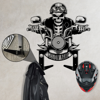 Personalized Skeleton Rider Motorcycle Helmet Holder with Hooks, Custom Name Skull Helmet Rack Wall Mount, Biker Gift for Garage Decor, Jacket Coat Organizer