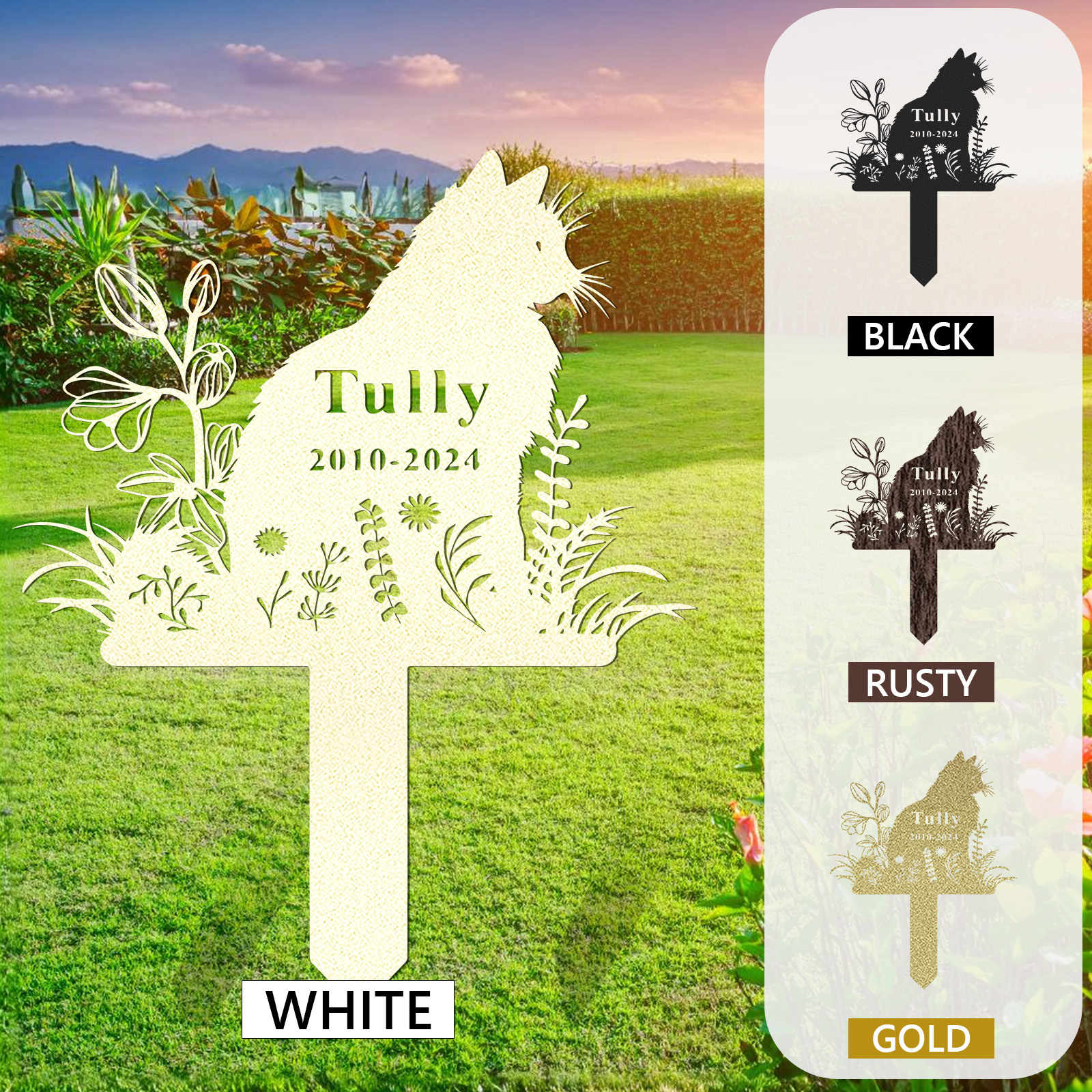 Personalized Cat Memorial Stake, Metal Cat Grave Marker, Cat Garden Stake with Flowers